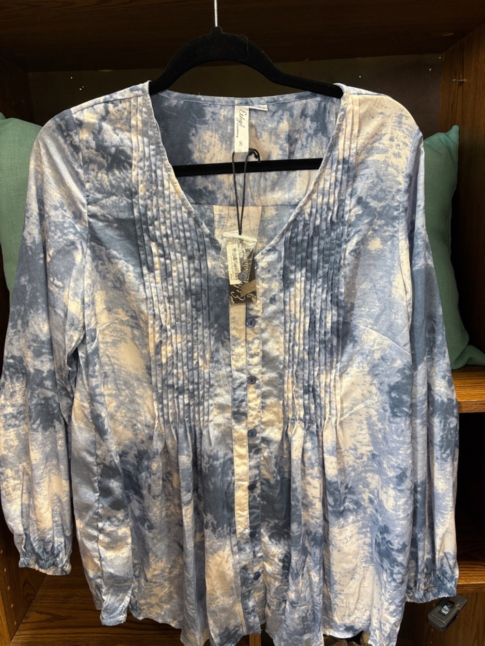 Women's Blue and Cream Tie-Dye Pintuck Button-Front Blouse